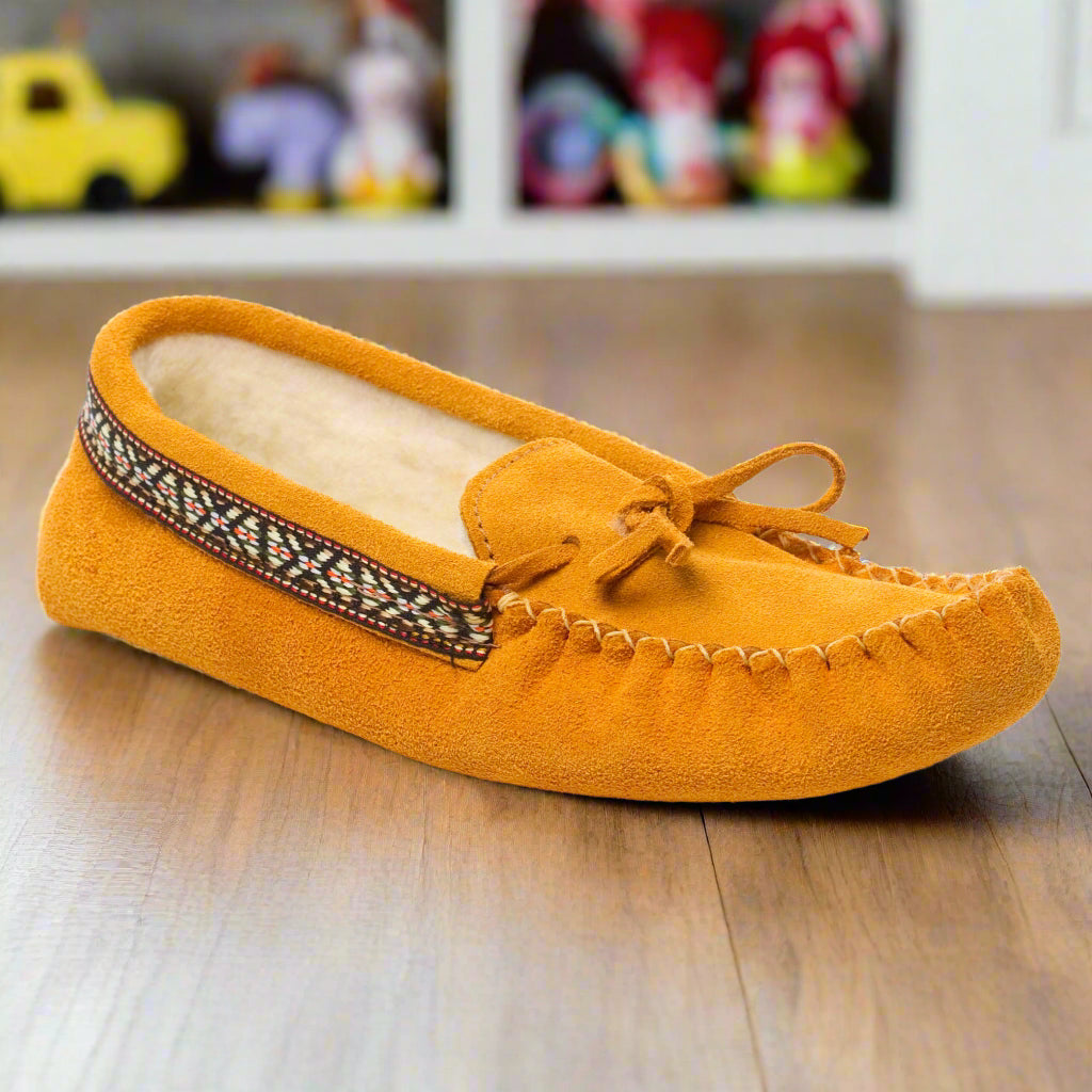 Children's Indian Tan Suede Beaded Moccasins with Indian Braid Trim