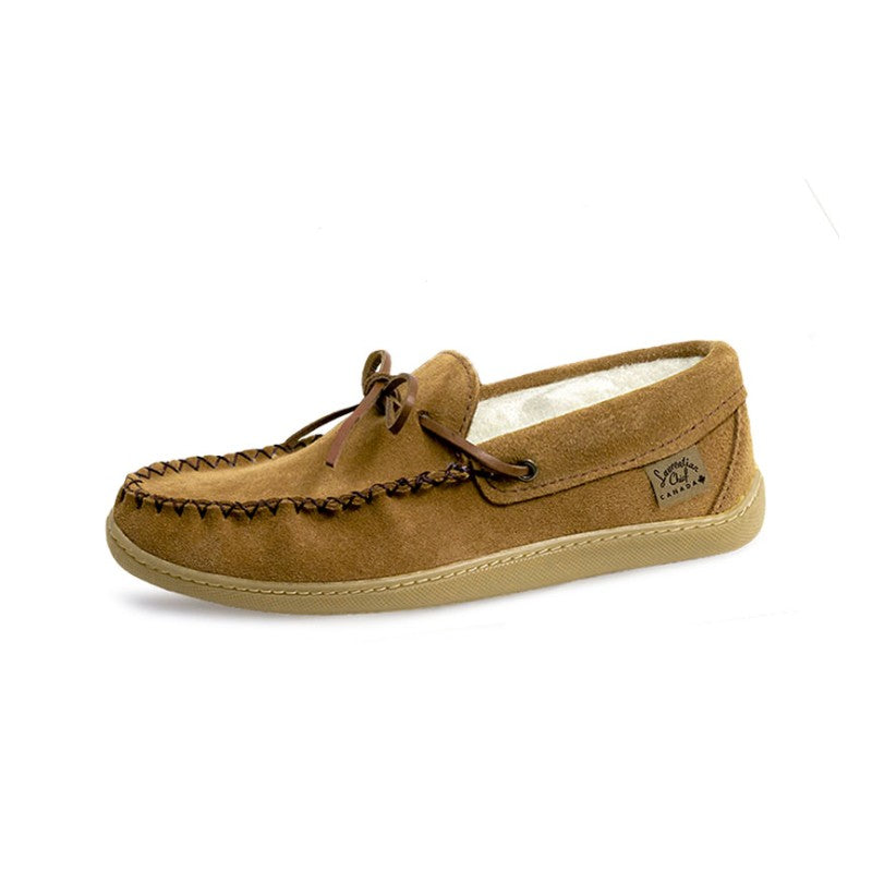 A single tan suede moccasin slipper with dark brown laces and contrast stitching, featuring a light tan sole and a white interior lining, shown against a plain white background.