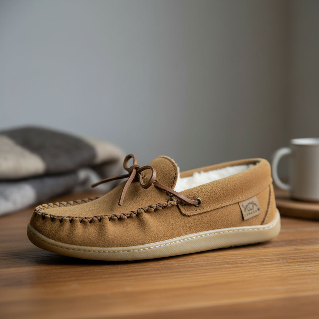 A tan suede moccasin slipper with a white sherpa lining, resting on a wooden table with a folded striped blanket and a white mug blurred in the background.