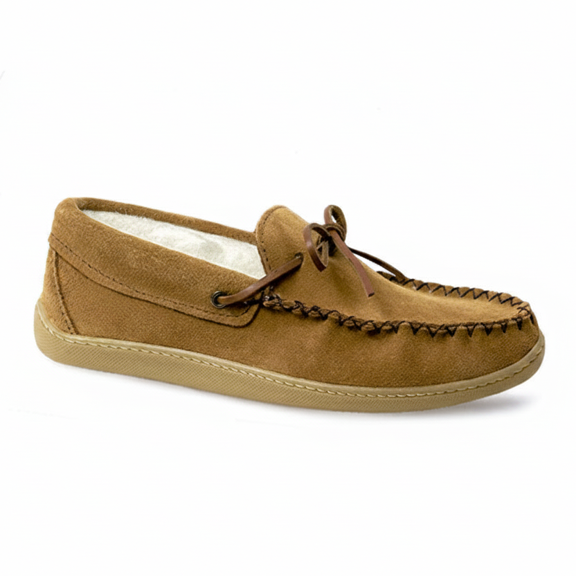 A single tan suede moccasin-style slipper with dark brown laces and decorative stitching, shown from a side profile on a white background.