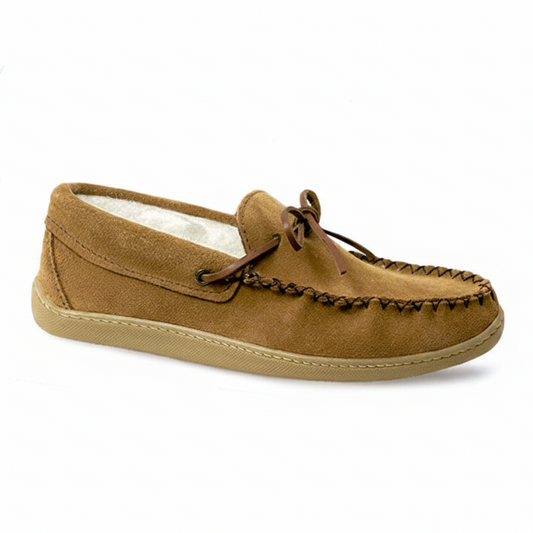 A single tan suede moccasin-style slipper with dark brown laces and decorative stitching, shown from a side profile on a white background.