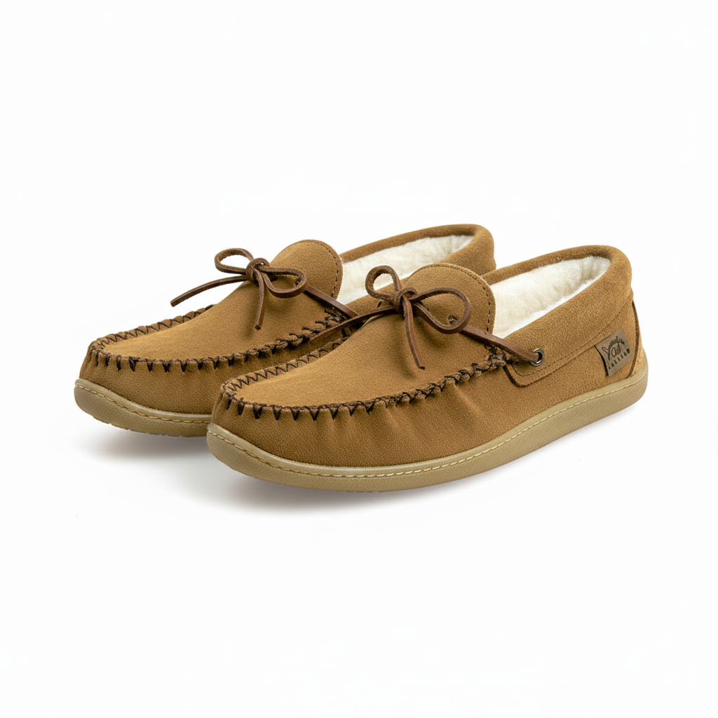 A pair of tan suede moccasin slip-on shoes with brown laces, whipstitching, and a white fleece lining, shown on a white background.