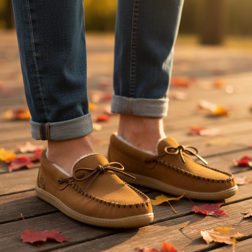 A single tan suede moccasin slipper with dark brown laces and contrast stitching, featuring a light tan sole and a white interior lining, shown against a plain white background.