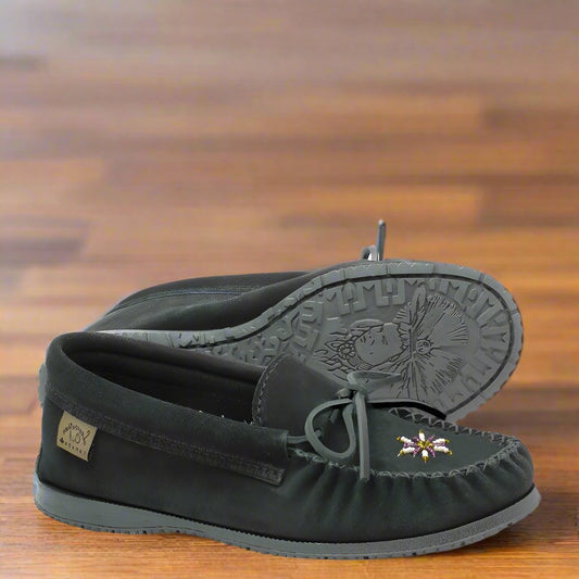 Women's Black Suede Moccasins With Beaded Vamp and Indian Chief Sole