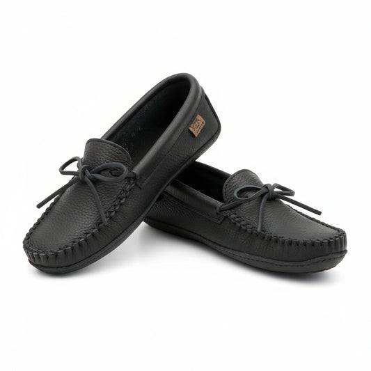 Pair of black moccasin slippers on wit a white background 
