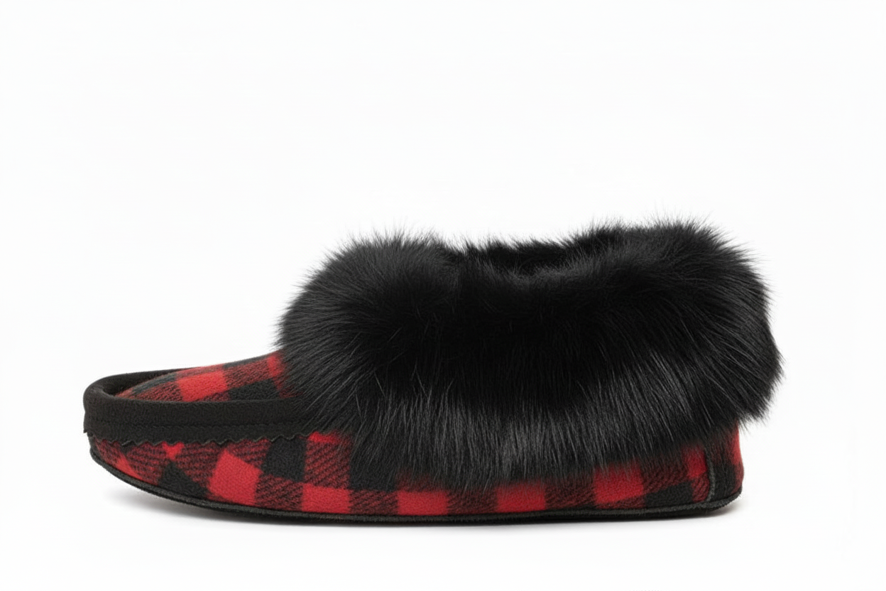 Slipper with black fur trim and red plaid pattern on a white background