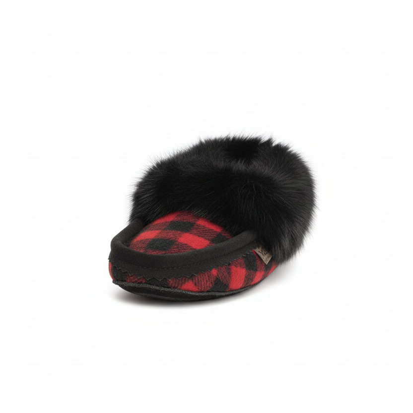 Black and red checkered slipper with fur on a white background