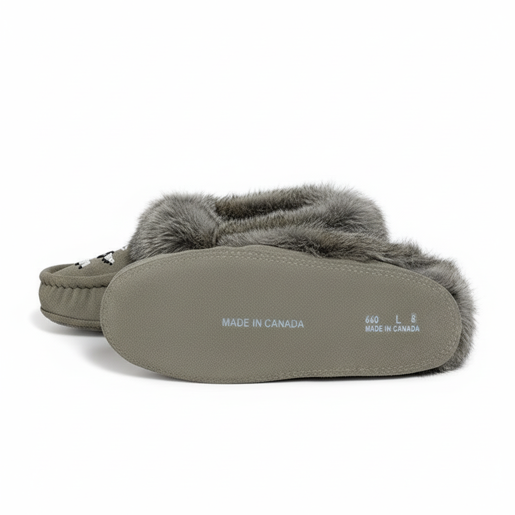Womens Grey Moccasins Trimmed With Grey Rabbit Fur Collar
