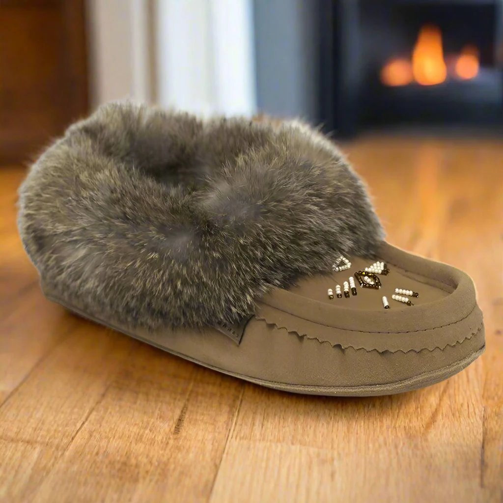 Women's Mocha Suede Moccasins Trimmed With Brown Rabbit Fur Collar