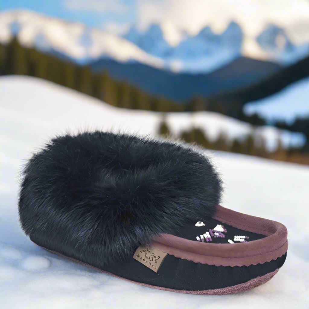 black rabbit fur Moccasins Made in Canada 