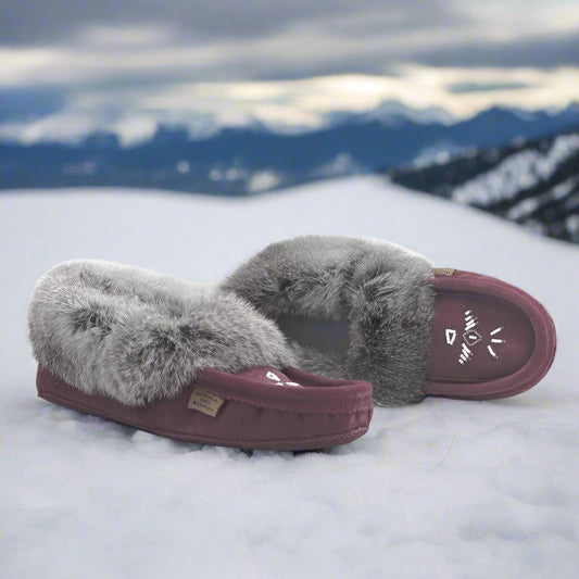 Womens Plum Moccasins Trimmed With Grey Rabbit Fur Collar