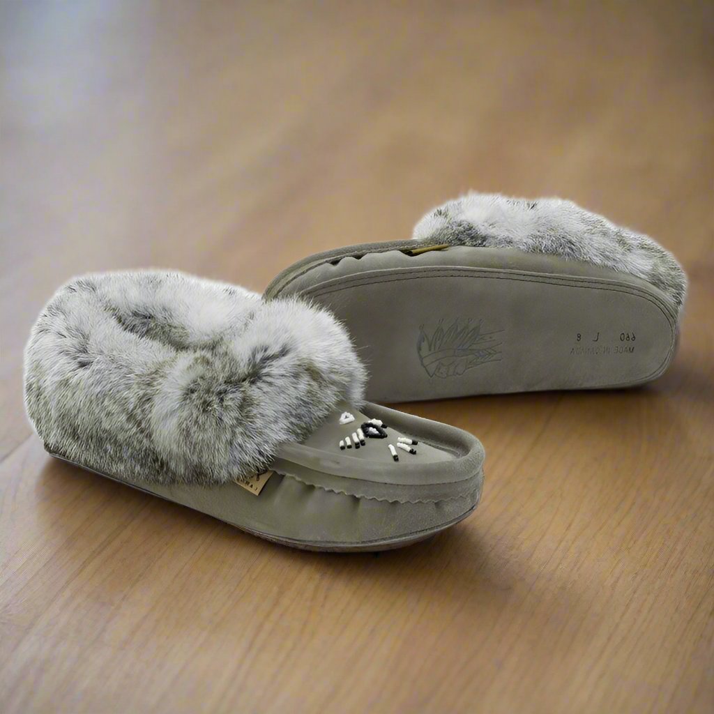 Womens Grey Moccasins Trimmed With Grey Rabbit Fur Collar