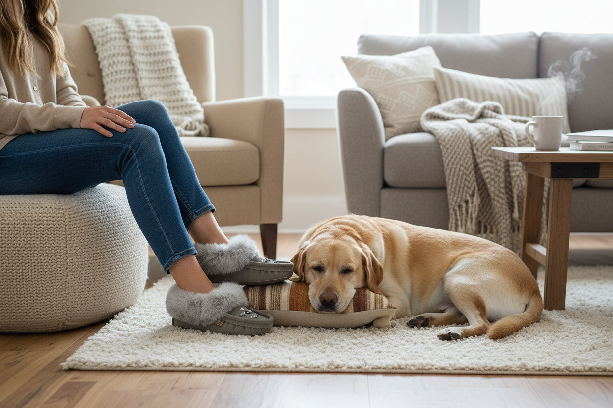 Pair of slippers with fur trim on a wooden floor
