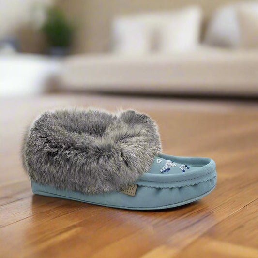 Womens Sky Blue Suede Moccasins Trimmed With Grey Rabbit Fur Collar