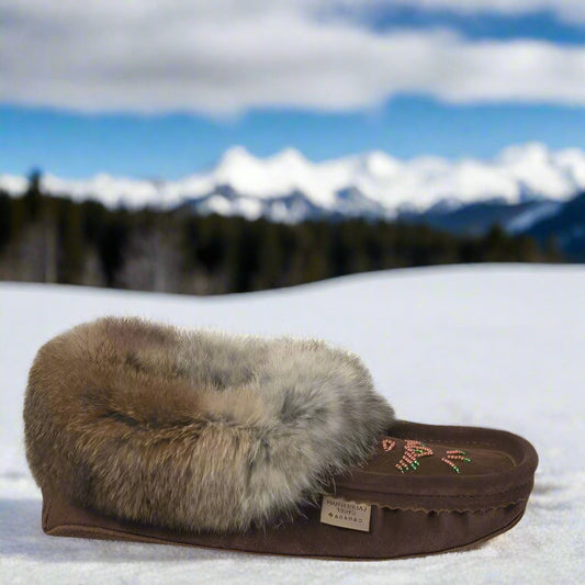 Women's Chocolate Suede Moccasins Trimmed With Brown Rabbit Fur Collar