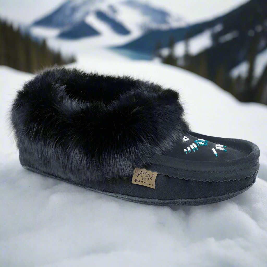 Womens Black Rabbit Fur Suede Moccasins Made In Canada