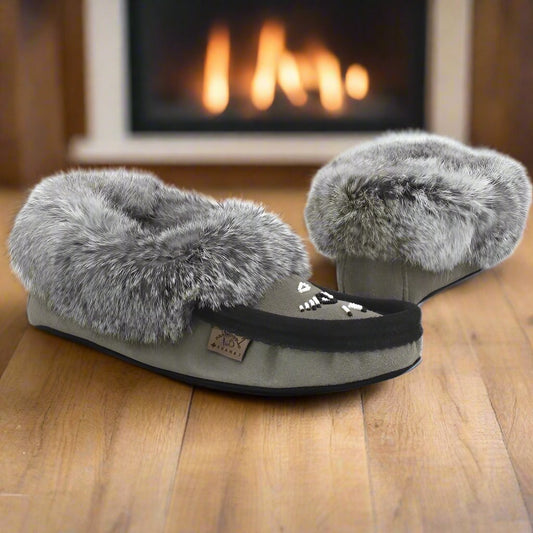 Womens Grey Rabbit Fur Suede Moccasins With Black Suede Trim