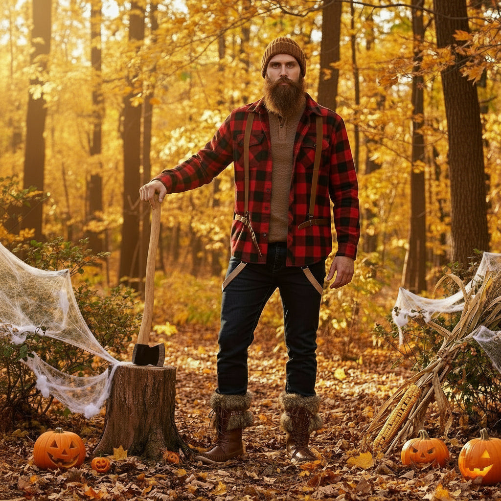Man in a red plaid shirt standing in a forest with Halloween decorations and pumpkins wearing mukluks.