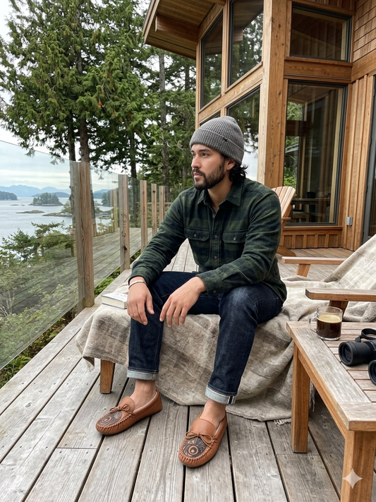 Man sitting on a wooden deck with a scenic view of trees and water wearing moccasins.