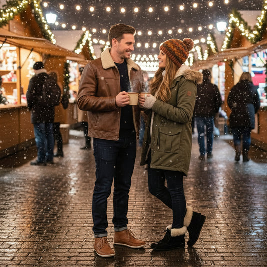 Couple enjoying hot drinks at a festive outdoor market during snowfall