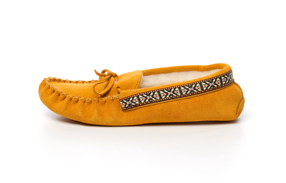 Men's Laurentian Chief Indian Tan Suede Moccasins With Fleece Lining and Indian Braid