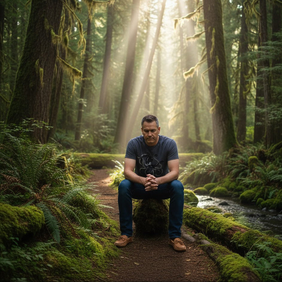 Man sitting on a log in a serene forest with sunlight filtering through the trees.