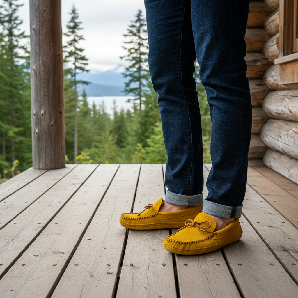 Yellow moccasin shoe on a wooden surface