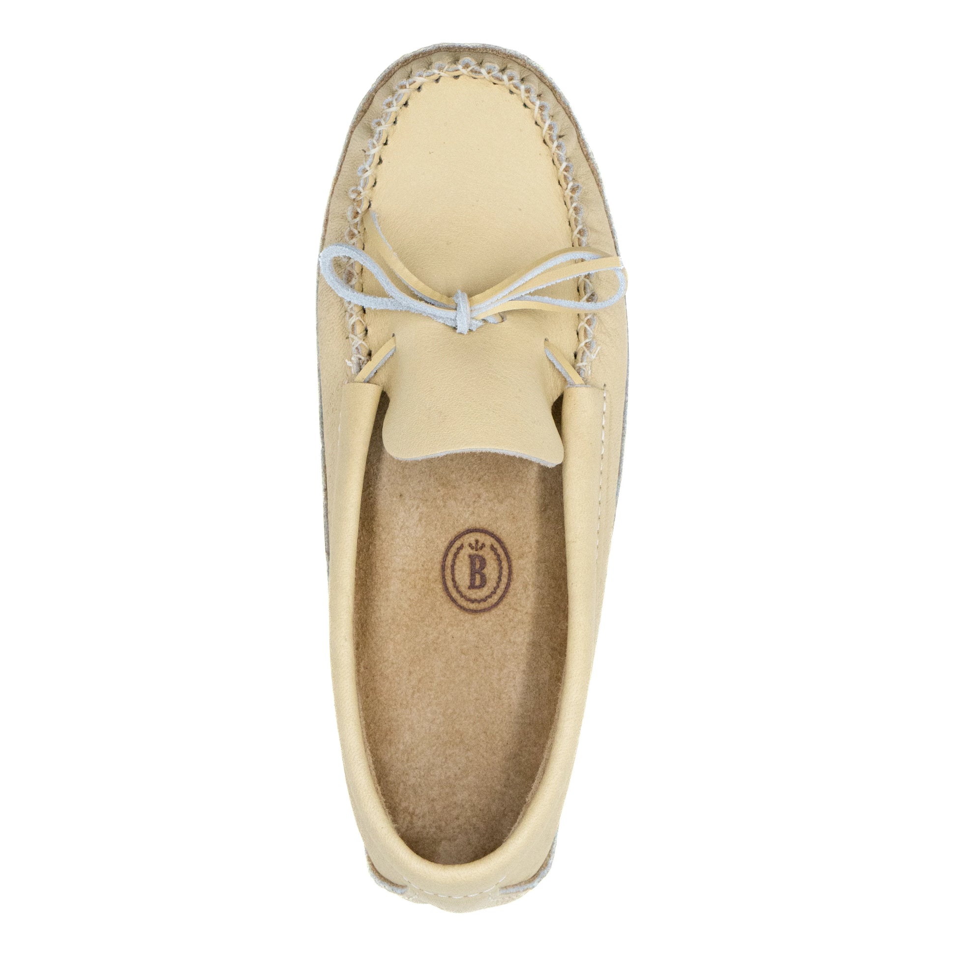 Beige loafer shoe with a brand logo on a white background
