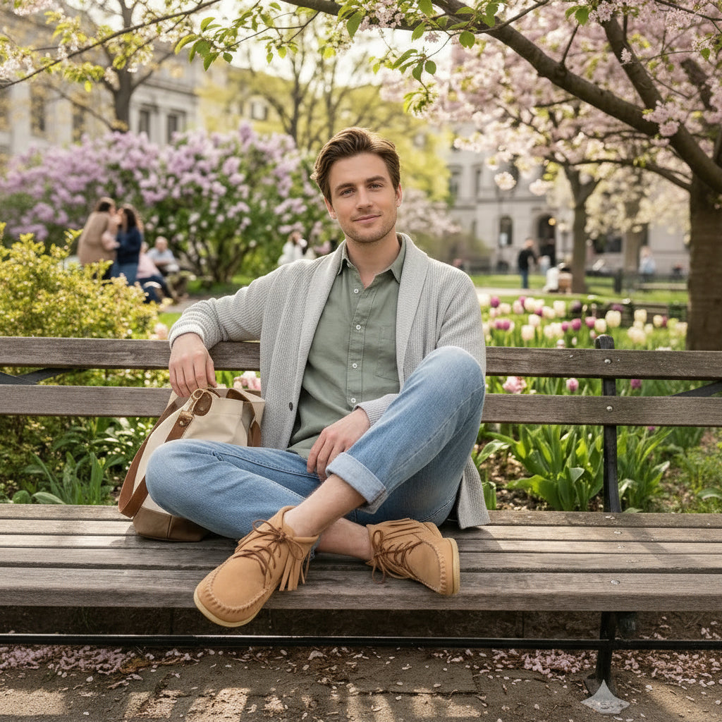  a person wearing the Tan moccasin shoe with fringes  in an outdoor setting.