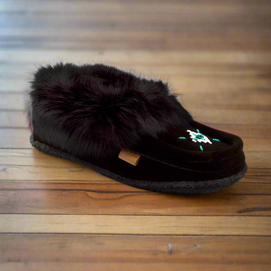 Women's Black Suede And Black Rabbit Fur Moccasins With Rubber Sole