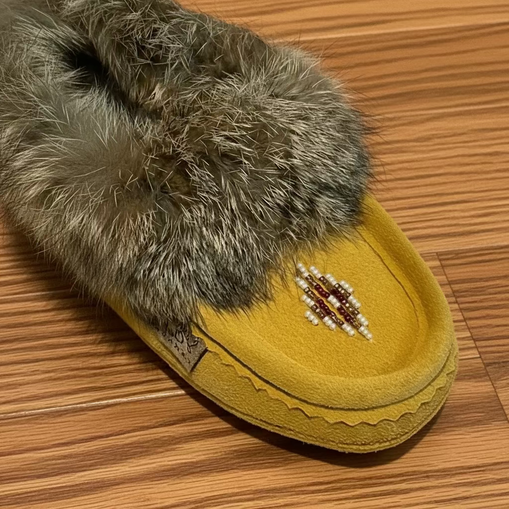Yellow slipper with fur trim on a wooden floor
