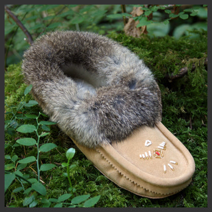 Women's Moose Tan Suede Moccasins Trimmed With Brown Rabbit Fur Collar