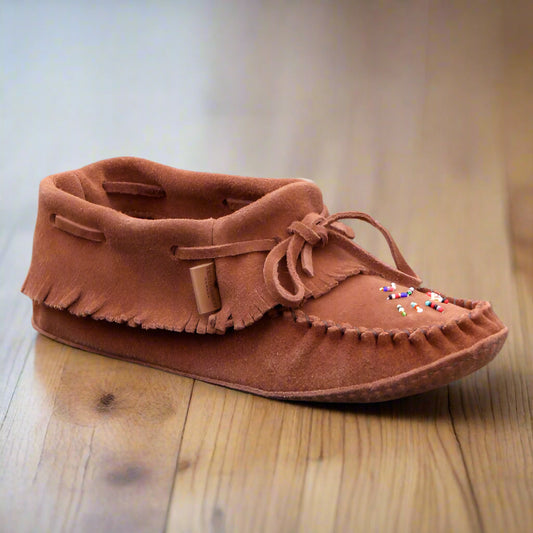 Women's Papoose Dark Tan Suede Moccasins With Sole And Ray Beading