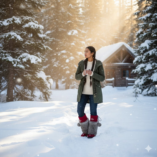 Laurentian Chief 15" Tall Burgundy Suede Mukluks | Regular Beaded Grey Rabbit Fur