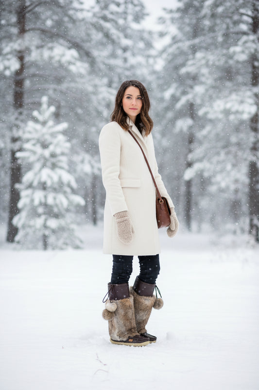 Brown fur boot with pom-poms on a white background