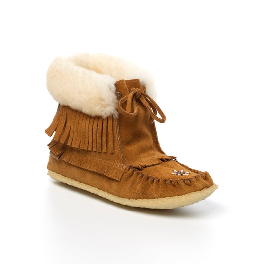 Women's Dark Tan Suede Sheepskin Lined Concho Mukluk Boots With Fringe