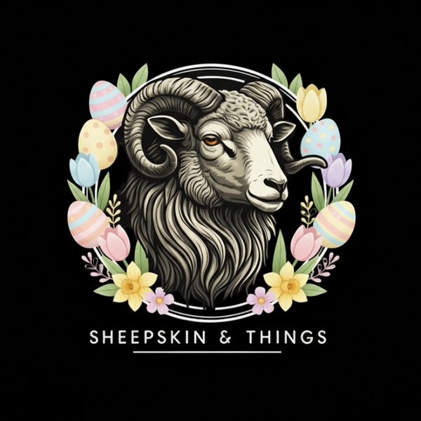 Decorative logo with ram's head, flowers, and Easter eggs on a black background with 'Sheepskin & Things' text.