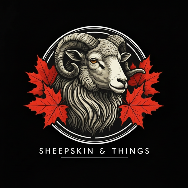 Illustration of a ram's head with red leaves and 'Sheepskin & Things' branding on a black background