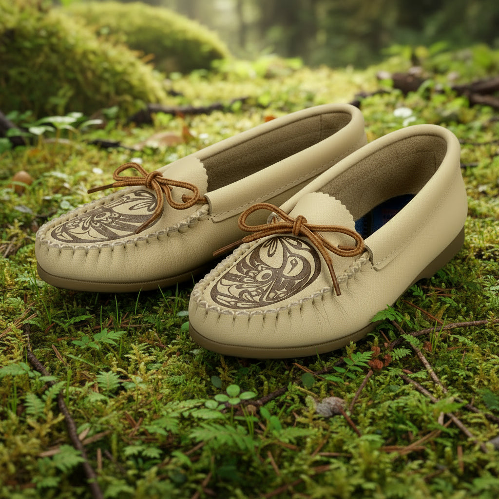 Spirit Moccasins: Women's Hummingbird Moccasins With Rubber Sole - Canadian Moose Hide & Bill Helin Art