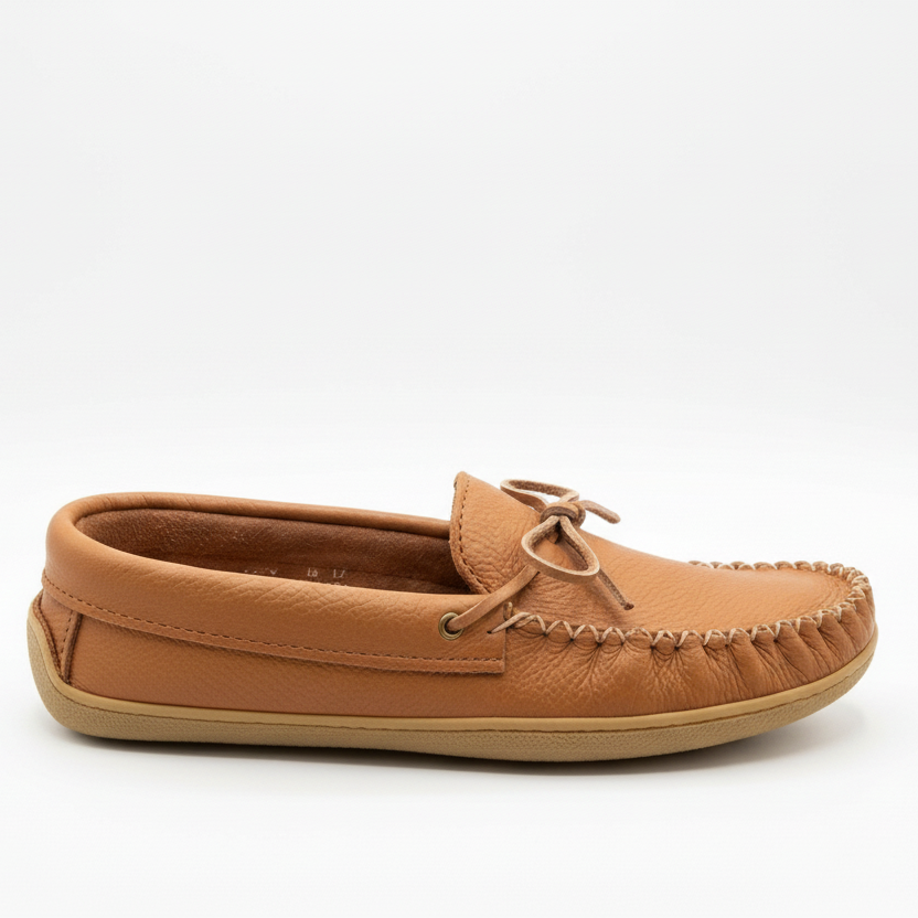 Tan moccasin slipper on a white background