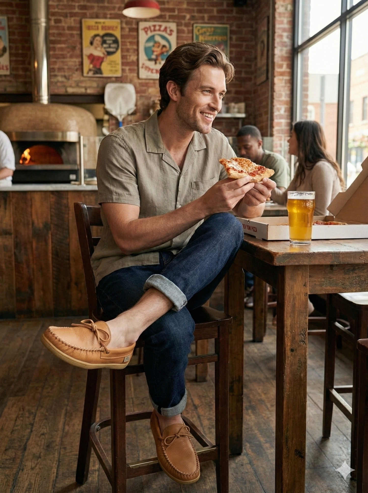Man sitting at a wooden table in a casual setting, eating pizza and holding a pizza. Wearing Driving Moccasins 