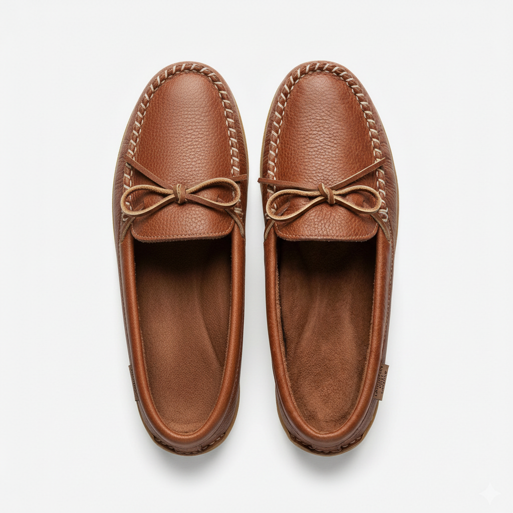 Brown leather moccasin shoe on a white background