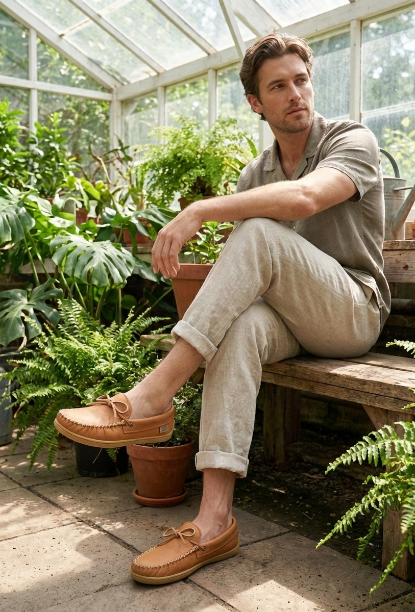 Man sitting on a bench in a greenhouse surrounded by plants