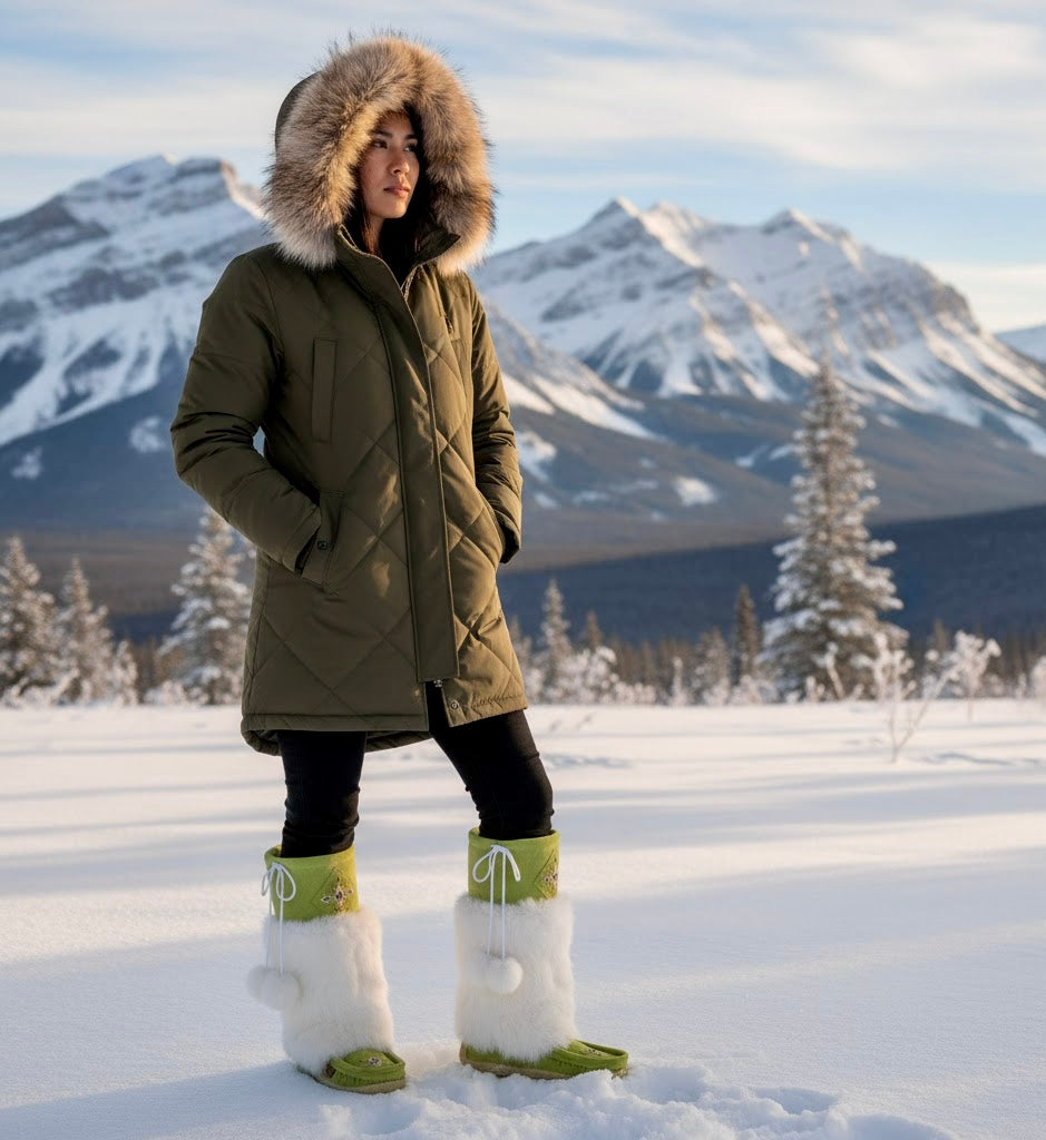 Tecumseh Lime Green Suede Mukluks with genuine real rabbit fur trim