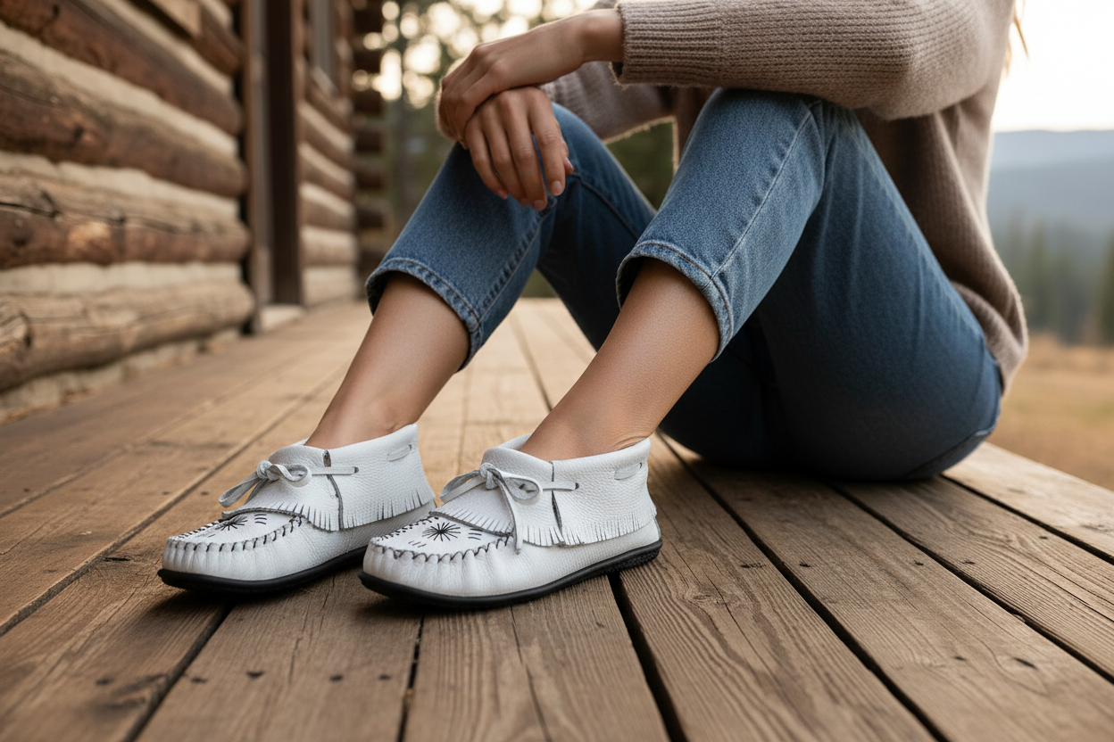 Person wearing white loafers sitting on a wooden deck with a log cabin in the background