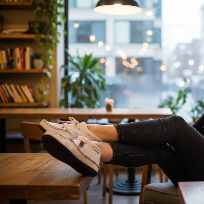 White moccasin shoe with black details on a white background