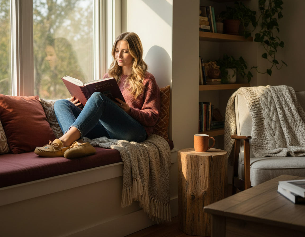 Woman wearing maple moosehide moccasins reading at home - version 2