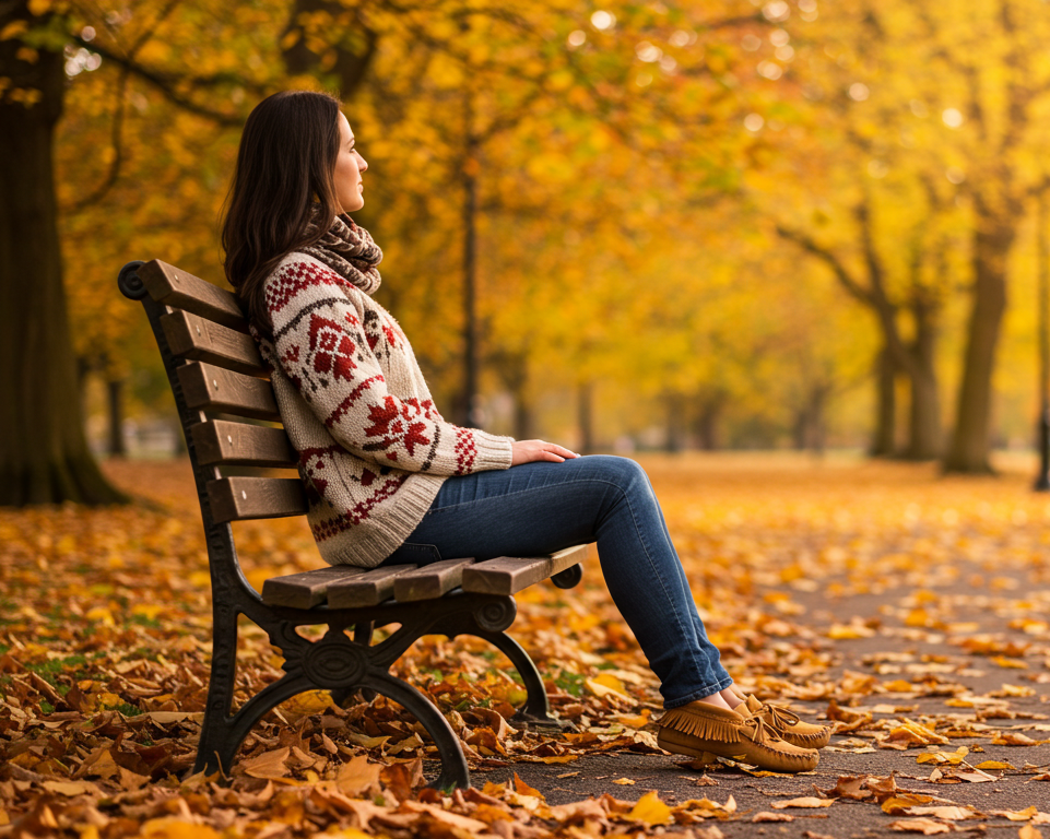 Woman sitting on a bench wearing a sweater, blue jeans, and moccasins in an autumn park with trees and fallen leaves.