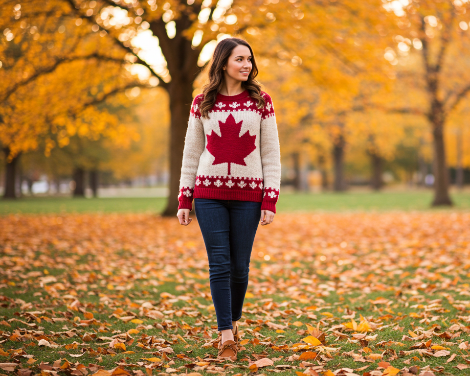 Woman wearing a pair of moccasins and a sweater with a maple leaf design walking through a park with autumn leaves.