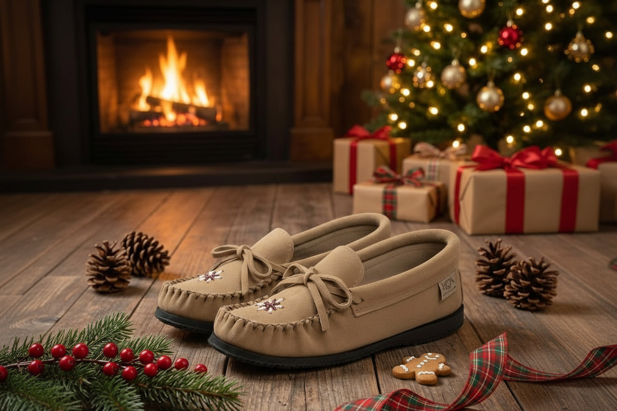 Pair of moka moccasin slippers on a wooden floor with Christmas decorations including a tree, presents, and fireplace.